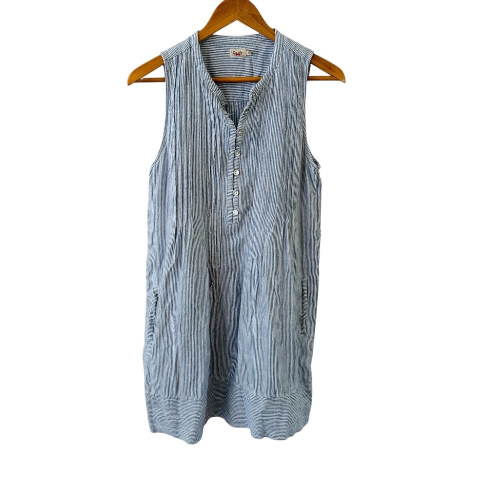 Faherty Isha Striped Linen Shirt Dress Womens S Blue Pintuck Pockets Beach